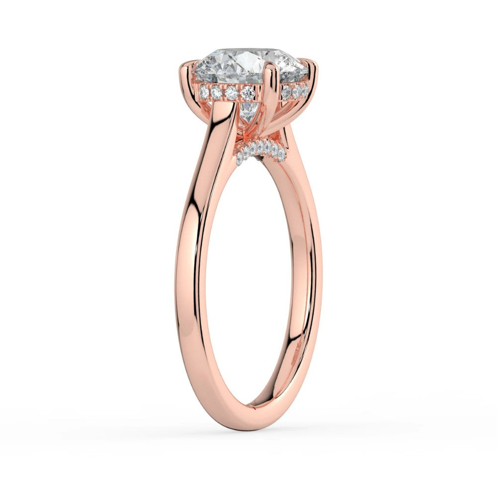 Round Cut Hidden Halo Bridge Accent Solitaire Engagement Ring in Solid Gold⁠