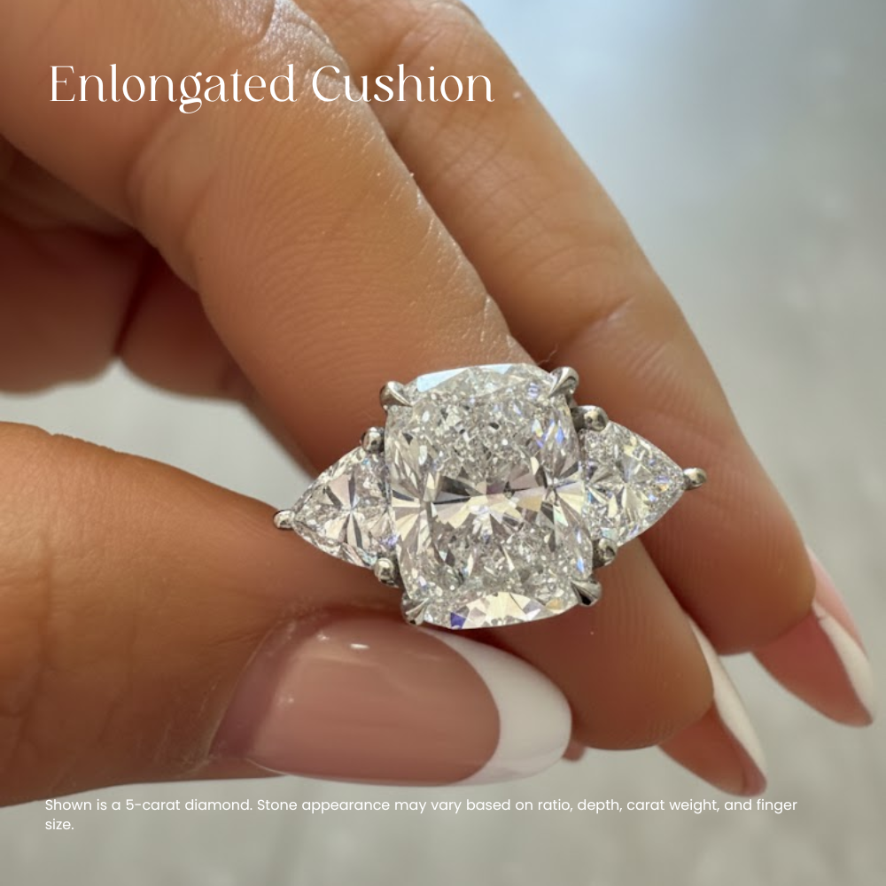 18K Solid Gold Cushion Trilogy Engagement Ring with Trillion Sides
