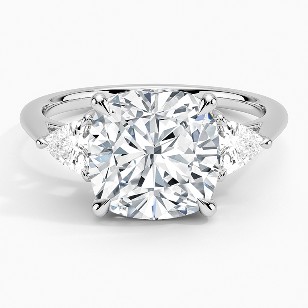 18K Solid Gold Cushion Trilogy Engagement Ring with Trillion Sides
