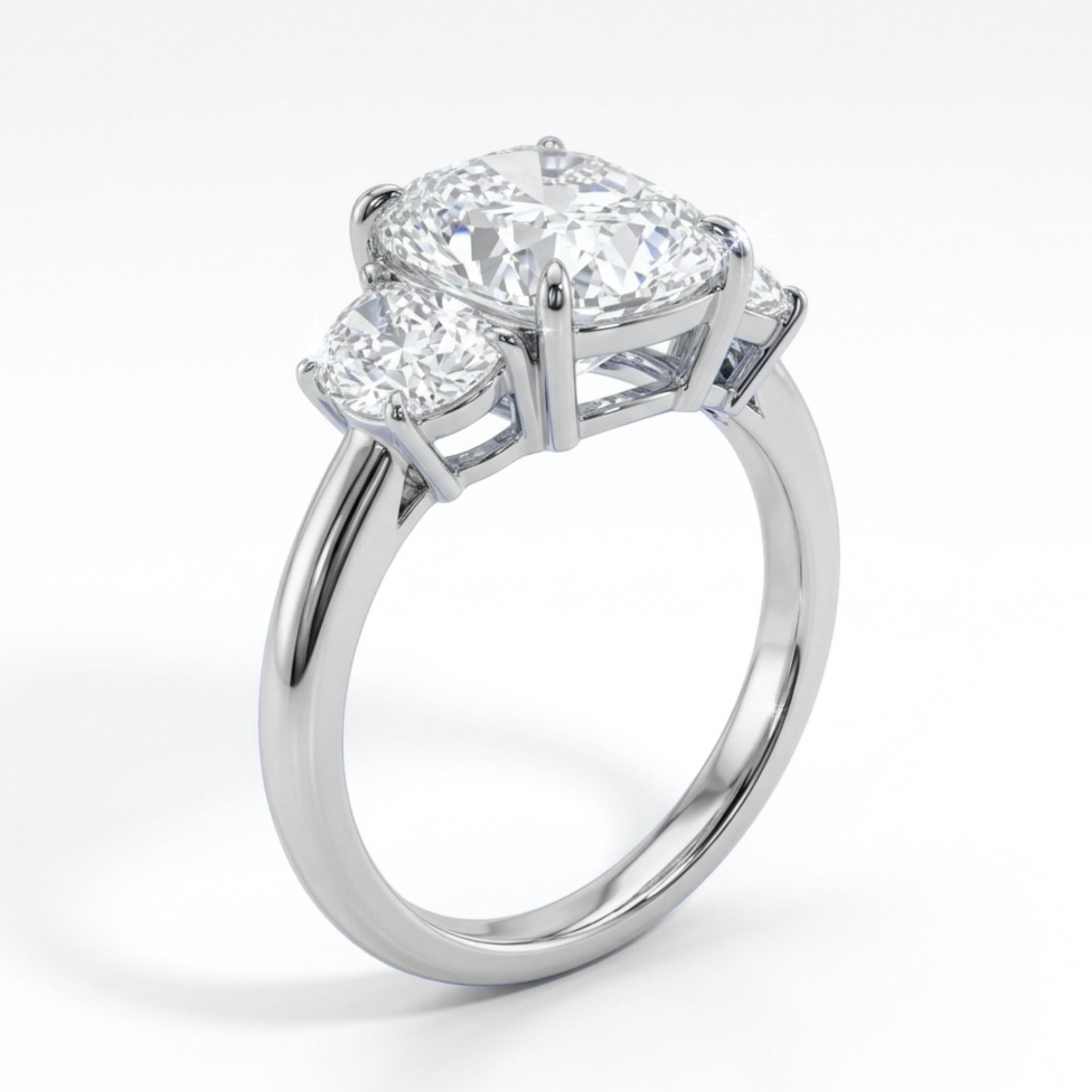 Trilogy (Half-Moon Side Stones) Lab Diamond Ring in 18K Gold - Elongated Cushion