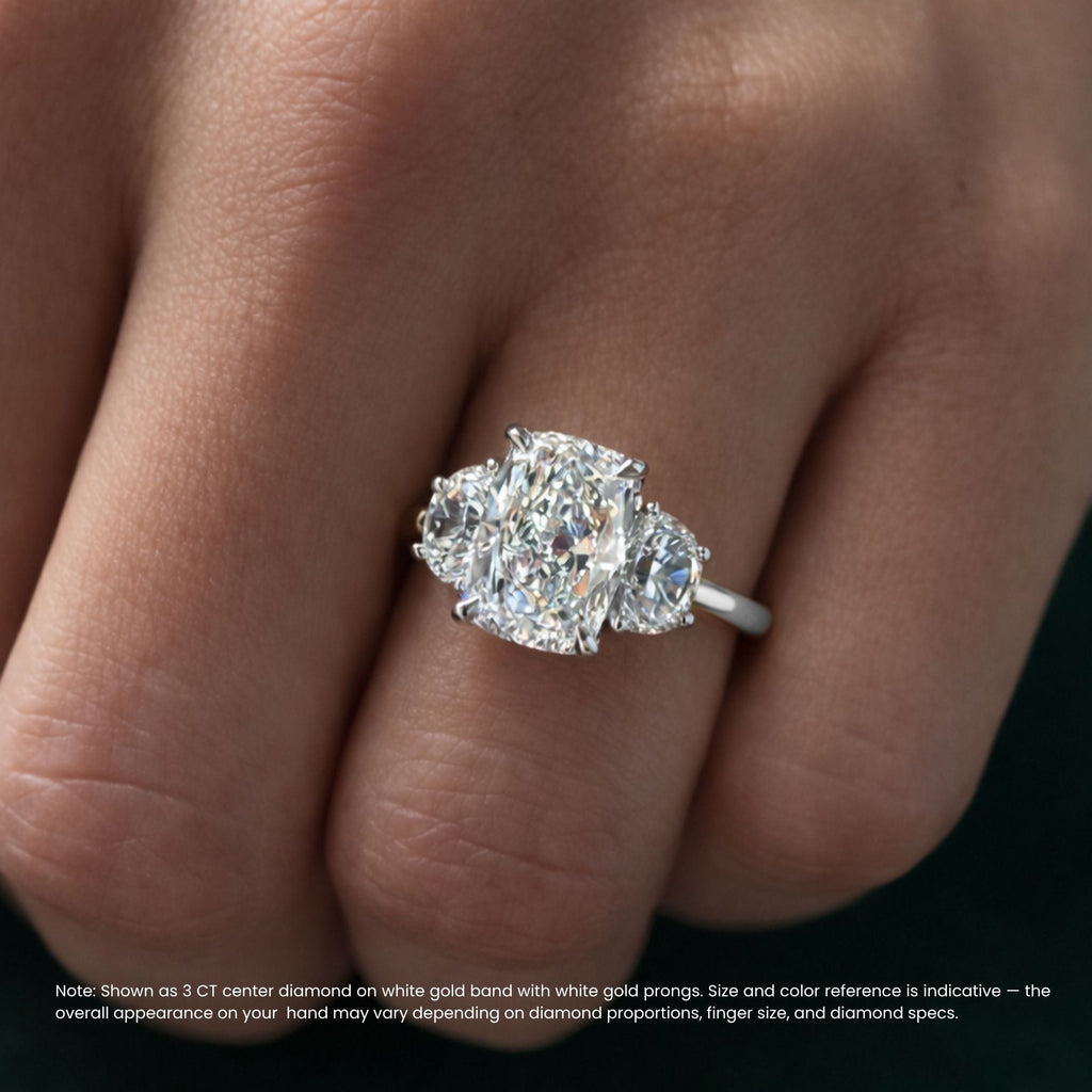 18K Solid Gold Elongated Cushion Diamond Ring with Half-Moon Sides