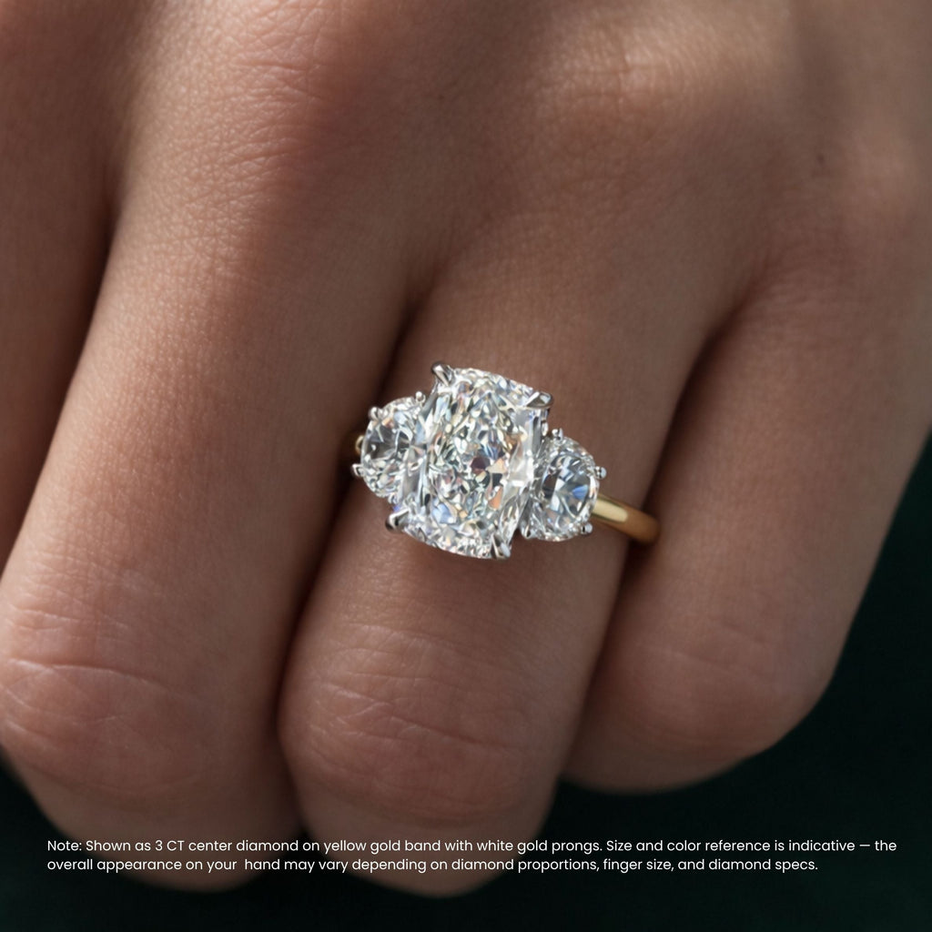 18K Solid Gold Elongated Cushion Diamond Ring with Half-Moon Sides