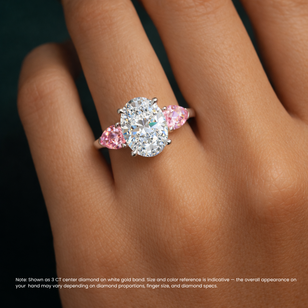 18K Solid Gold Oval Pear Side Trilogy Diamond Ring