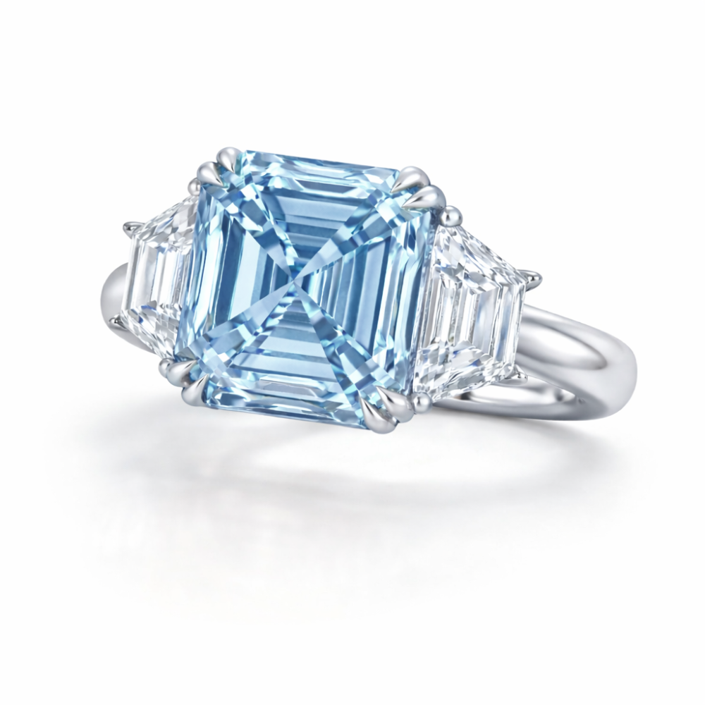 18K Solid Gold Fancy Blue Asscher Three Stone Lab Diamond Ring