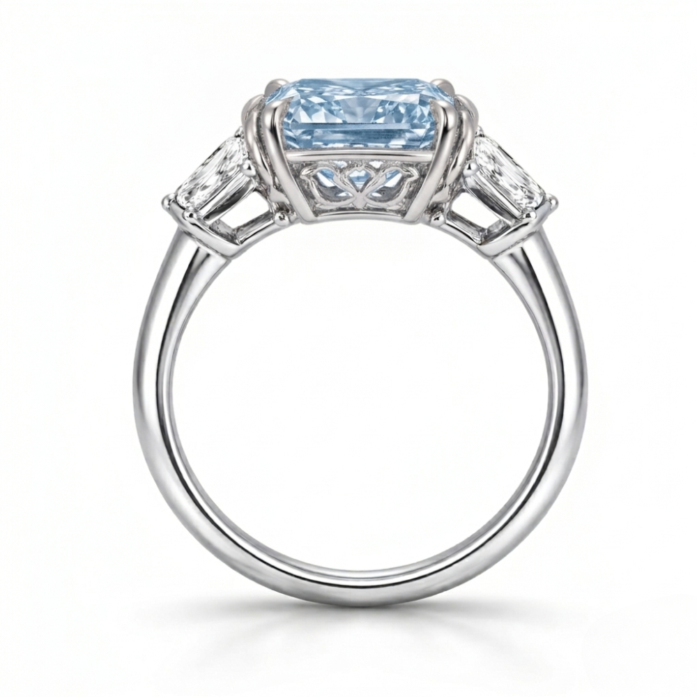 18K Solid Gold Fancy Blue Asscher Three Stone Lab Diamond Ring