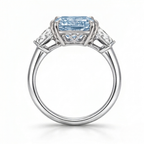 18K Solid Gold Fancy Blue Asscher Three Stone Lab Diamond Ring