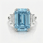 18K Solid Gold Fancy Blue Emerald Trilogy Lab Diamond Ring