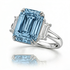 18K Solid Gold Fancy Blue Emerald Trilogy Lab Diamond Ring