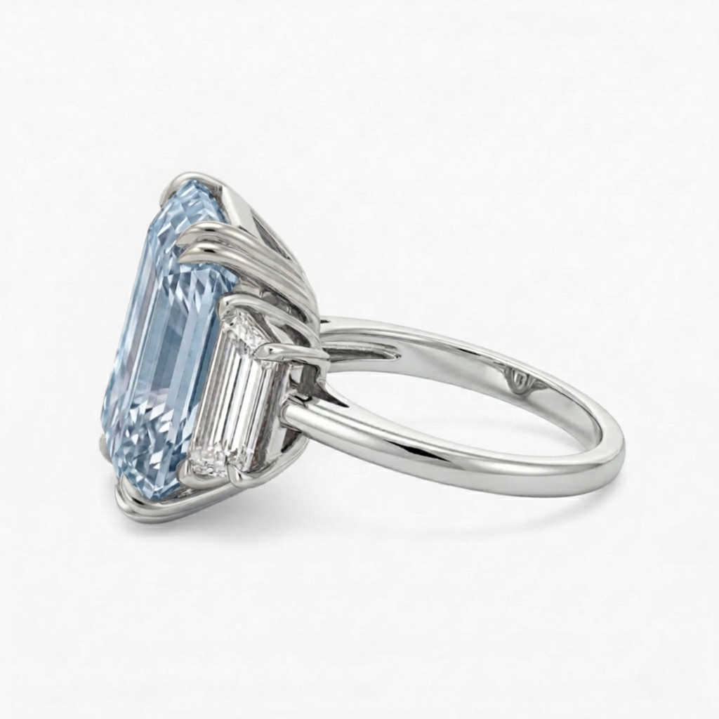 18K Solid Gold Fancy Blue Emerald Trilogy Lab Diamond Ring