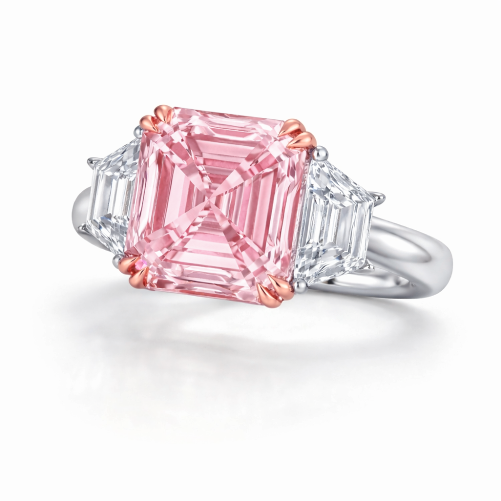 18K Solid Gold Fancy Pink Asscher Trapezoid Diamond Ring