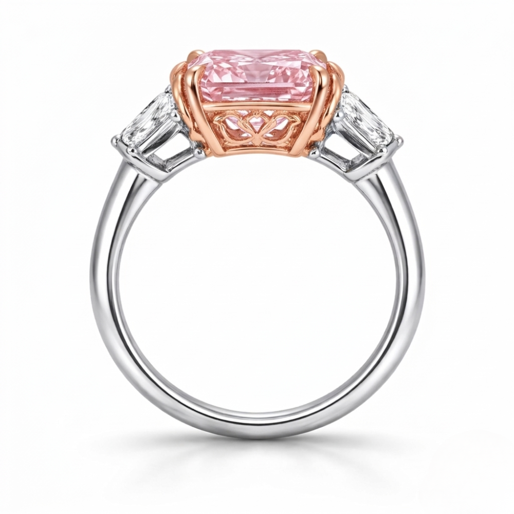 18K Solid Gold Fancy Pink Asscher Trapezoid Diamond Ring