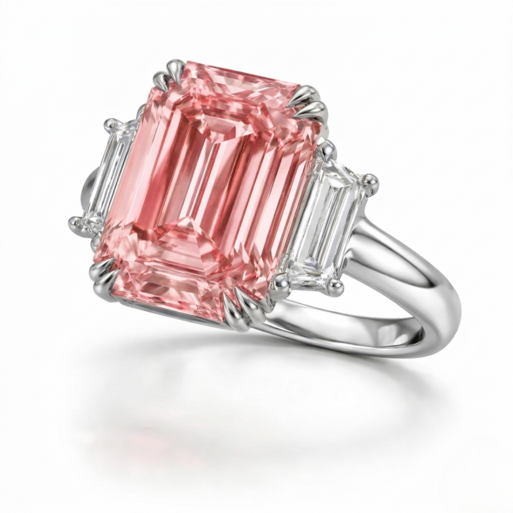 18K Solid Gold Fancy Pink Emerald Trilogy Lab Diamond Ring