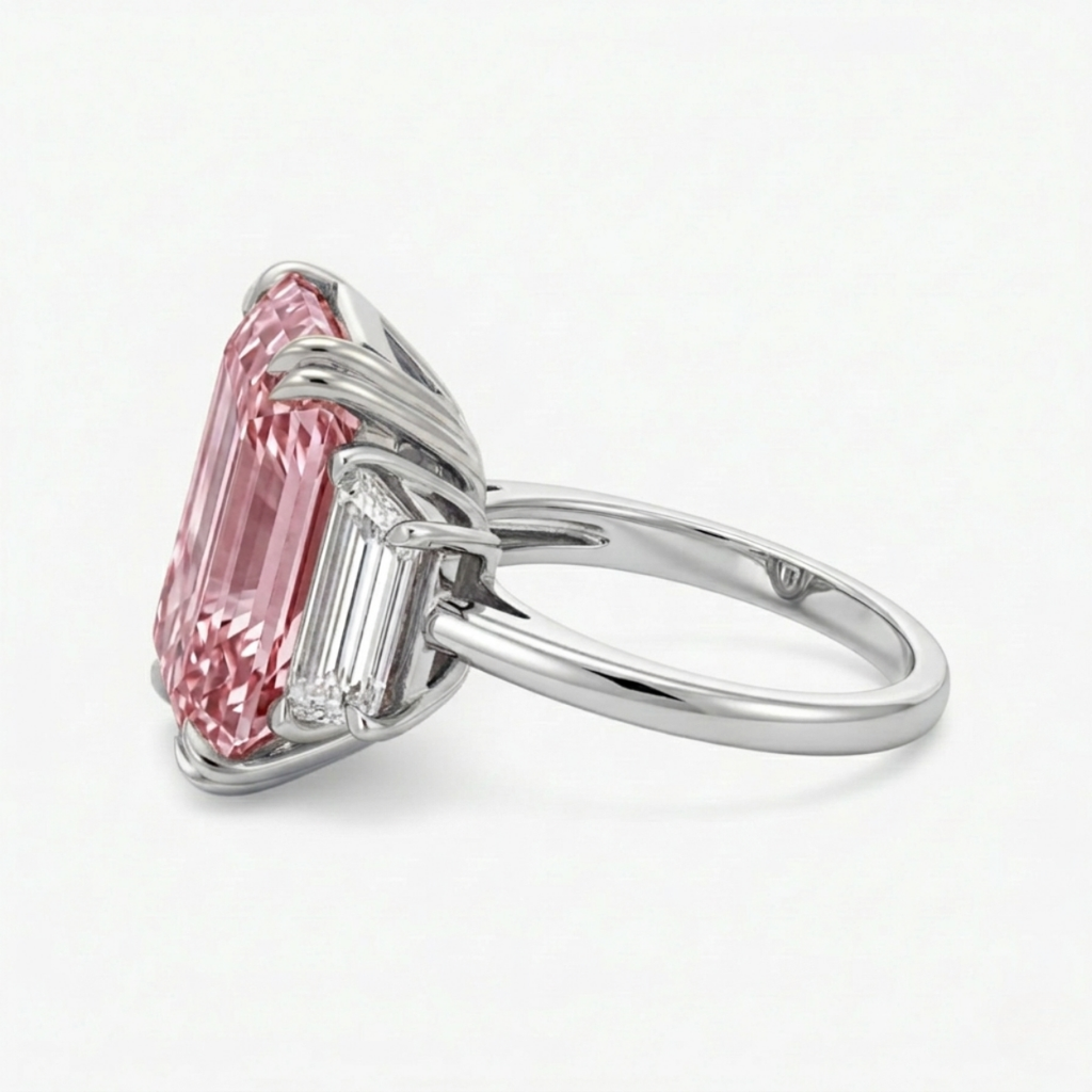 18K Solid Gold Fancy Pink Emerald Trilogy Lab Diamond Ring