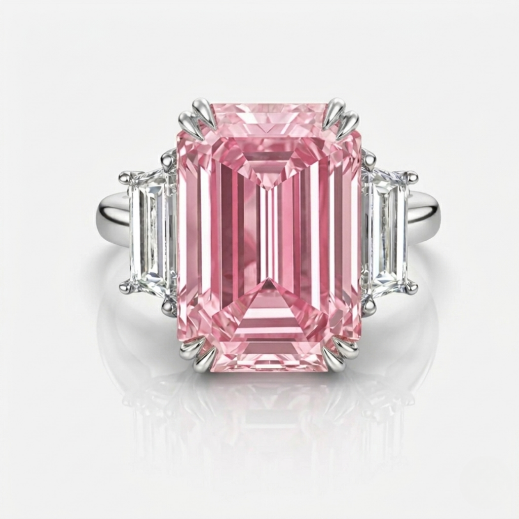 18K Solid Gold Fancy Pink Emerald Trilogy Lab Diamond Ring