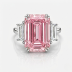18K Solid Gold Fancy Pink Emerald Trilogy Lab Diamond Ring