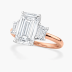 18K Solid Gold Emerald Trilogy Lab Diamond Ring with Trapezoids