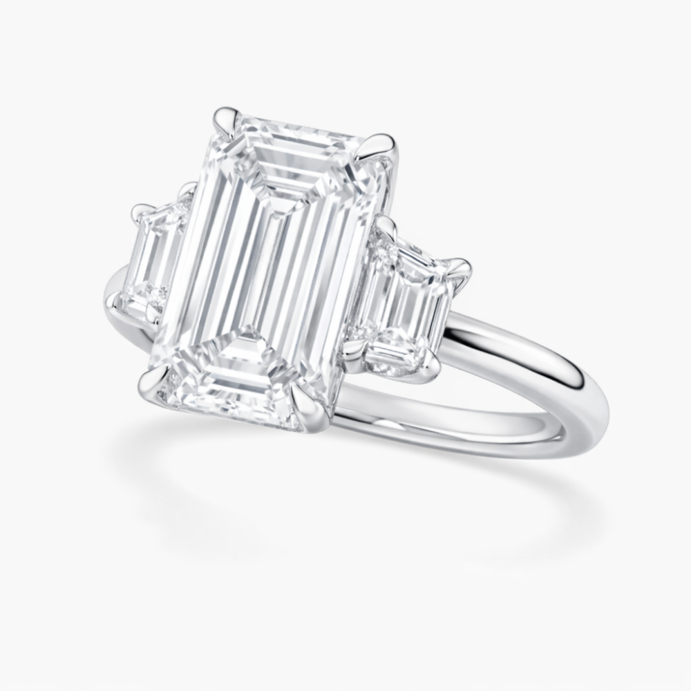 18K Solid Gold Emerald Trilogy Lab Diamond Ring with Trapezoids