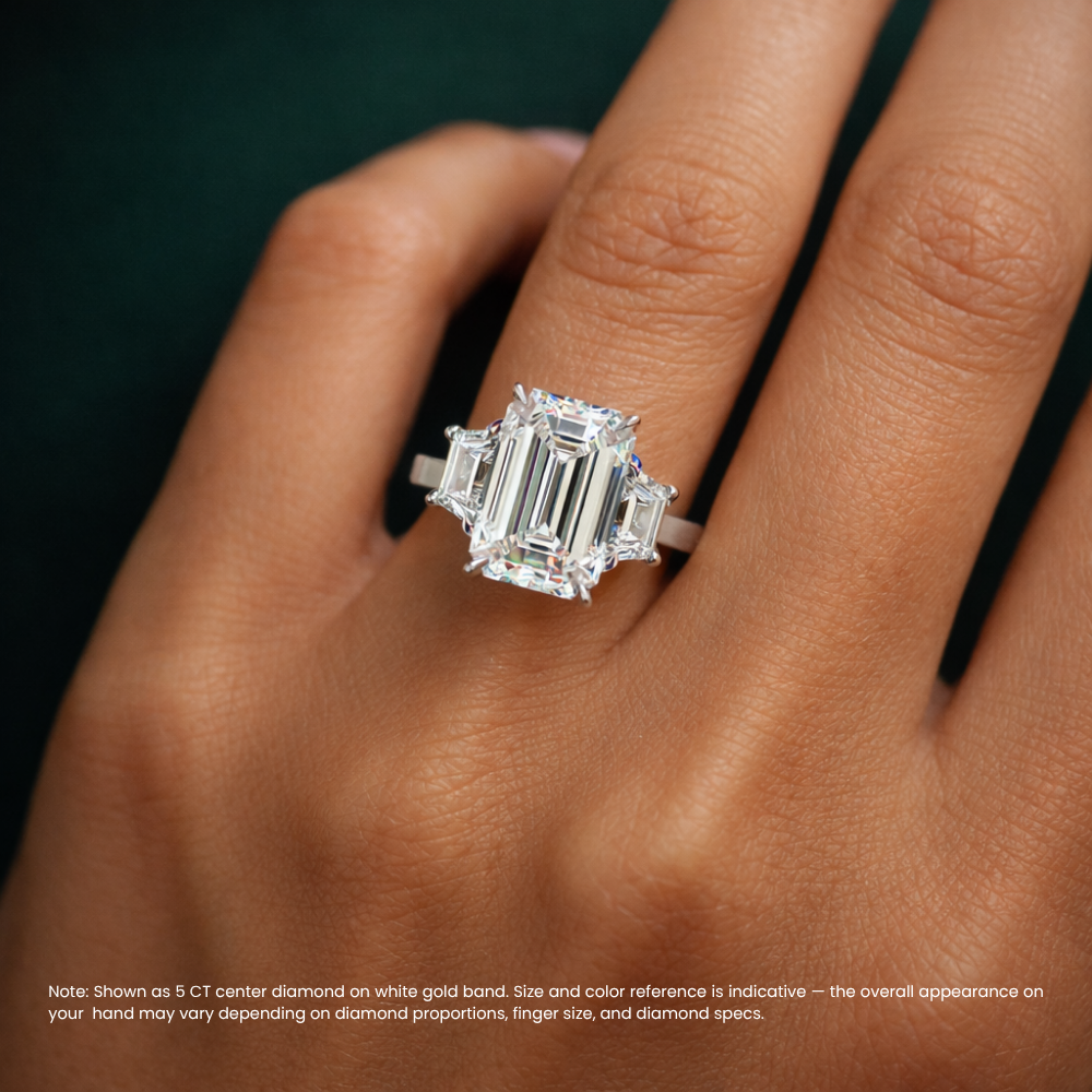 18K Solid Gold Emerald Trilogy Lab Diamond Ring with Trapezoids