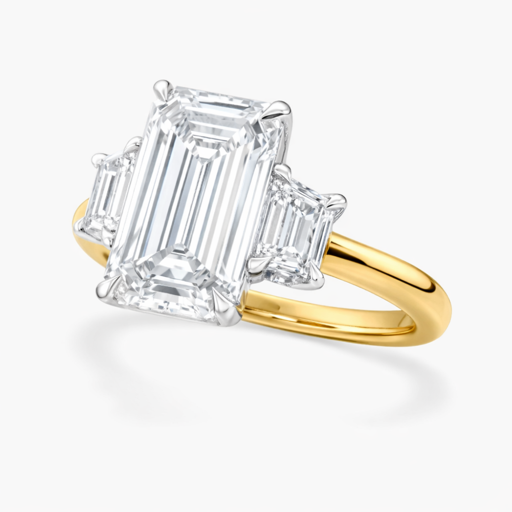 18K Solid Gold Emerald Trilogy Lab Diamond Ring with Trapezoids