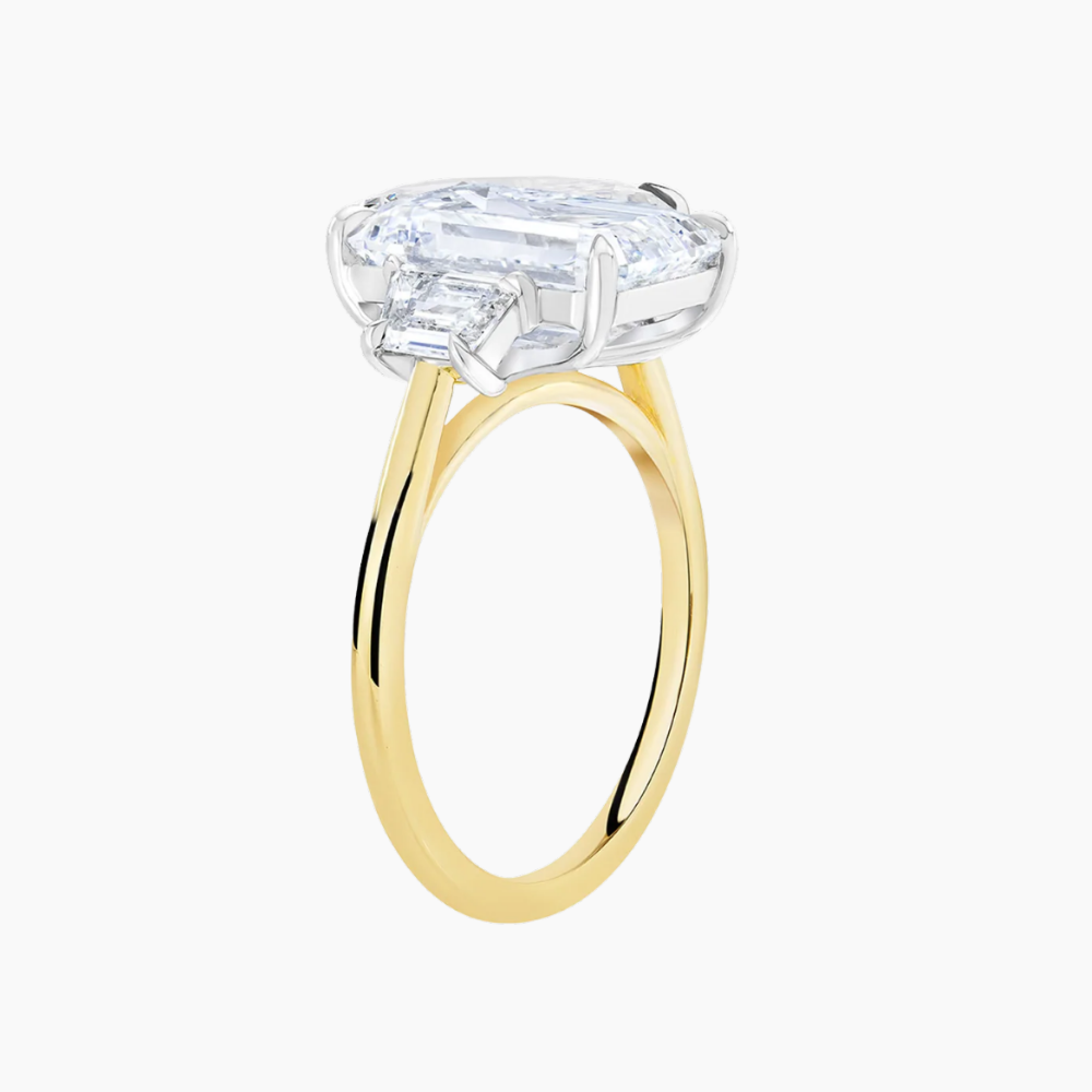 18K Solid Gold Emerald Trilogy Lab Diamond Ring with Trapezoids