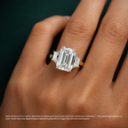 18K Solid Gold Emerald Trilogy Lab Diamond Ring with Trapezoids