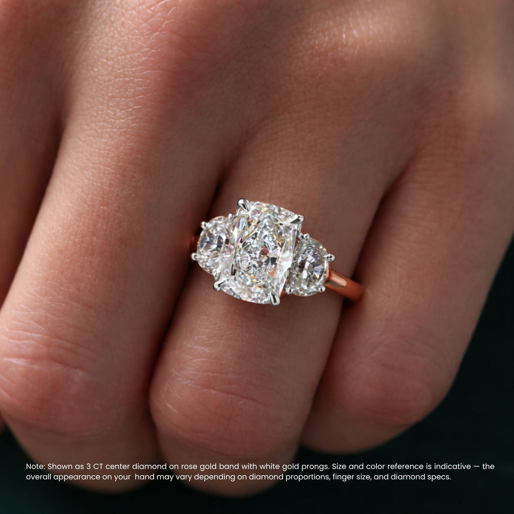 Trilogy (Half-Moon Side Stones) Lab Diamond Ring in 18K Gold - Elongated Cushion