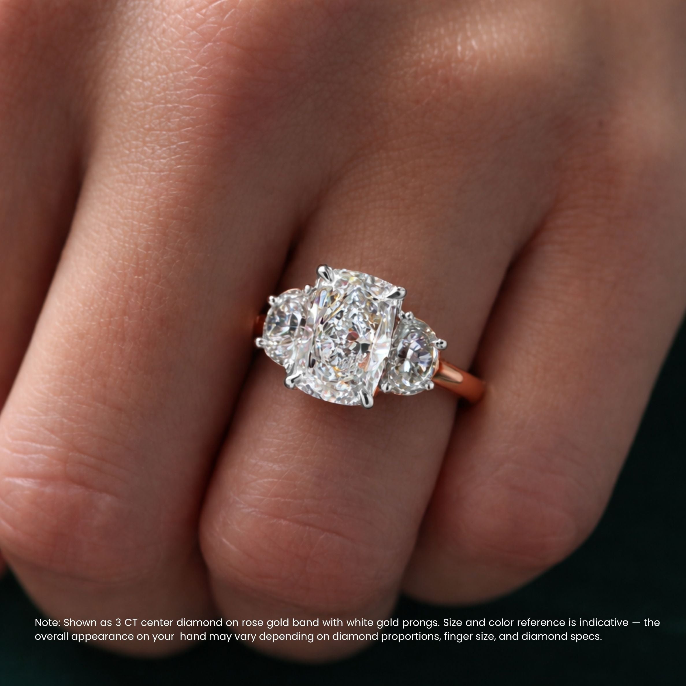 Trilogy (Half-Moon Side Stones) Lab Diamond Ring in 18K Gold - Elongated Cushion