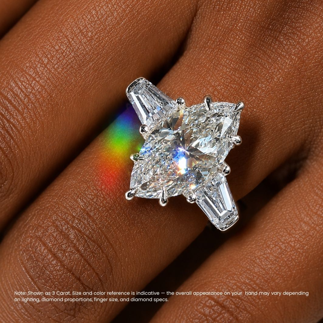 Trilogy (Baguette Side Diamonds) Lab Grown Diamond Engagement Ring in 18K Gold - Marquise