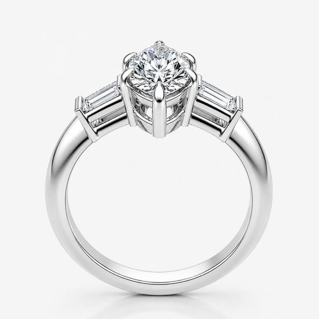 Trilogy (Baguette Side Diamonds) Lab Grown Diamond Engagement Ring in 18K Gold - Marquise