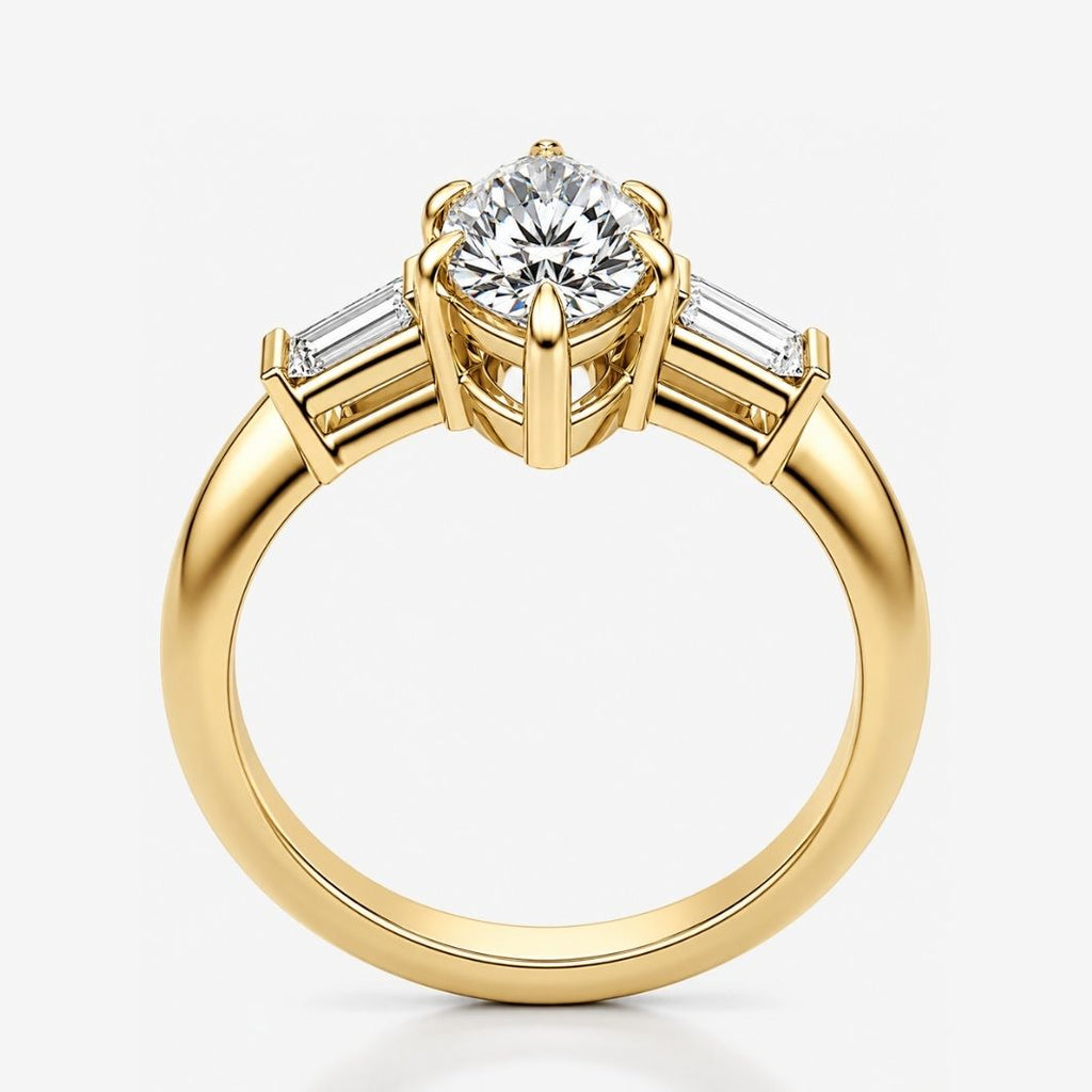 Trilogy (Baguette Side Diamonds) Lab Grown Diamond Engagement Ring in 18K Gold - Marquise