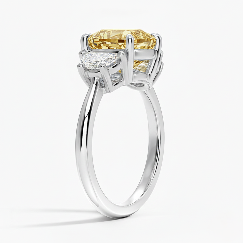 18K Solid Gold Fancy Yellow Cushion Half-Moon Diamond Ring