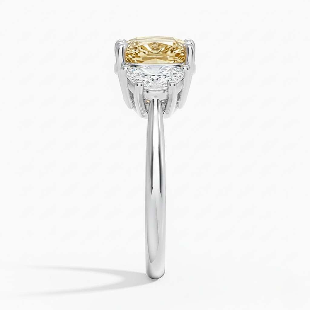18K Solid Gold Fancy Yellow Cushion Half-Moon Diamond Ring