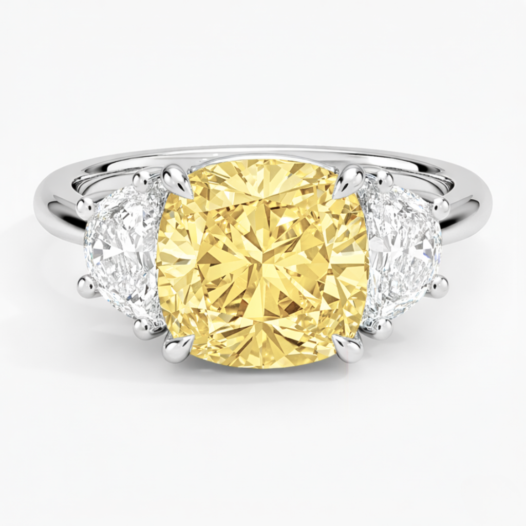 18K Solid Gold Fancy Yellow Cushion Half-Moon Diamond Ring