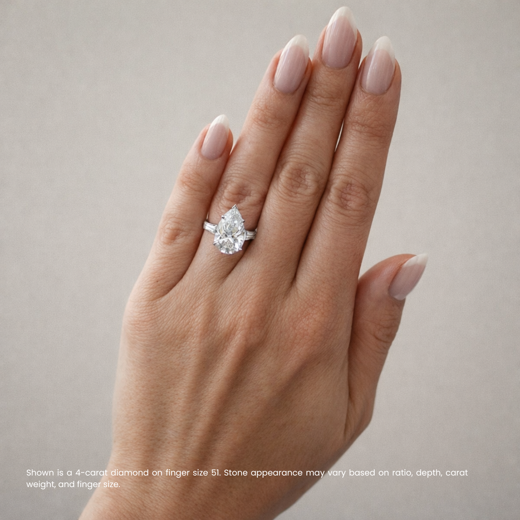 Trilogy Tapered Baguette Sides Lab Grown Diamond Engagement Ring in 18k Gold - Pear