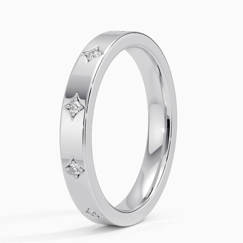 Diamond Starburst Flush Set Flat Wedding Band in Solid Gold⁠